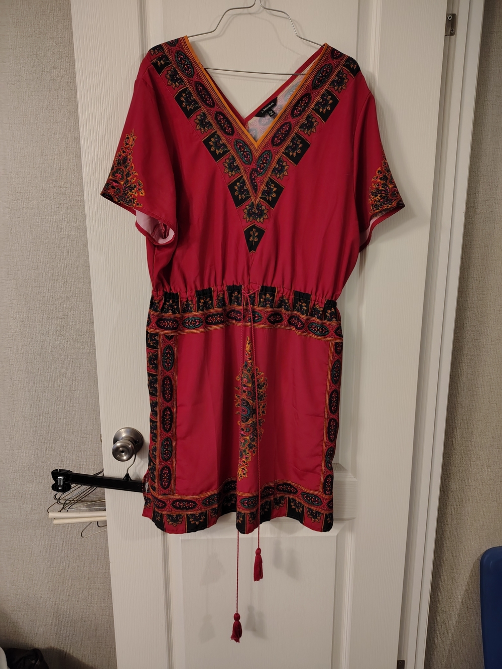 J. Peterman Raspberry Red V-Neck Boho Tunic Dress with Multicolor Border